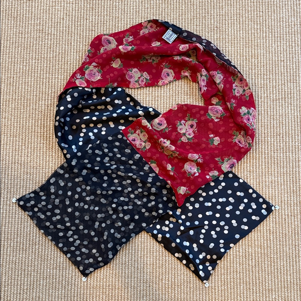 Handmade Long Silk Scarf by Earthly Possessions- Black w/ Dots & Red w/ Roses